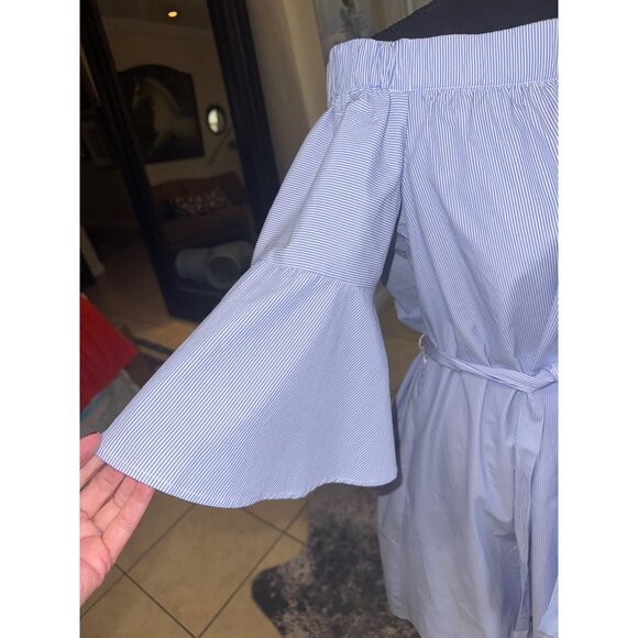 Donna Morgan Blue White Striped Off-Shoulder Dress Bell Sleeves Waist Tie Size 8 - Picture 10 of 10